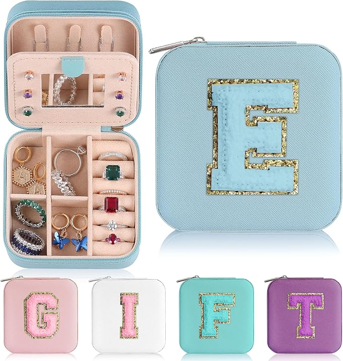 Parima Small Jewelry Box for Girls, Travel Must Have Jewelry Organizer Travel Case | Travel Gifts for Women Girls Jewelry Box | Graduation Gifts for Friends Female - Letter E, Sky Blue