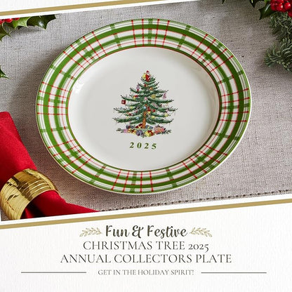Spode Annual 2025 Collector Plate - Red & Green Plaid Border, Holiday Accent for Appetizers, Desserts & Display - 8 Inch Porcelain Plate, Microwave, Oven, Dishwasher & Freezer Safe