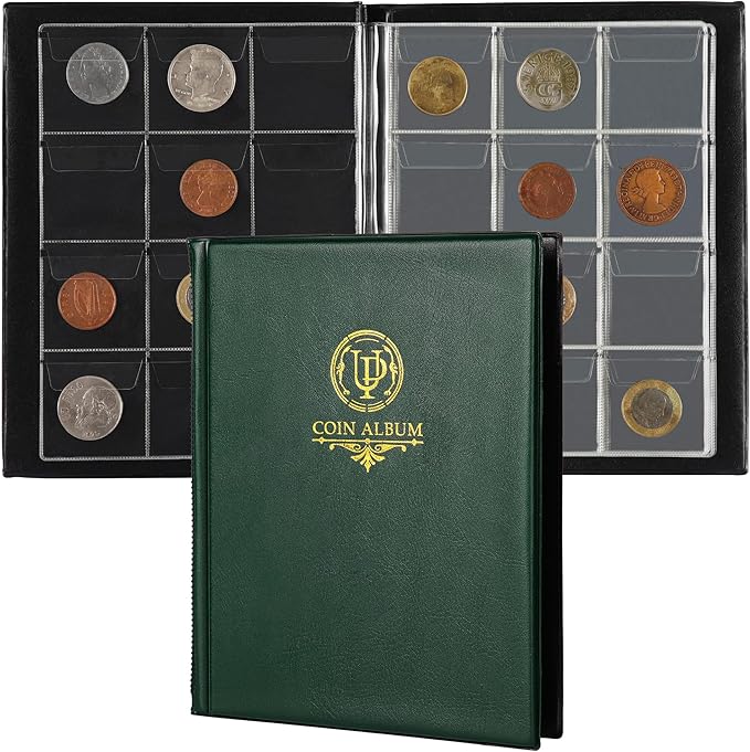 120 Pockets Coin Album - Coin Collecting Book with 10 Pages, 45x43 mm Grid Holder for Pounds Pence Cents Dollars Nickel (Green) CS48120GR
