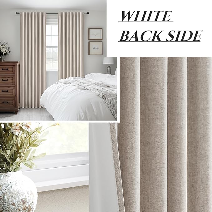 Grey Flax Extra Long Curtains 112 inch Length 2 Panels Set, Hook Belt&Rod