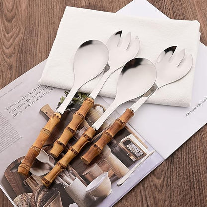 Serving Spoon and Fork Set, 304 Stainless Steel Serving Utensils with Natural Bamboo Handle, 10" Long Handle Serving Set for Kitchen Party Buffet, 4 Pieces / 2 of Each