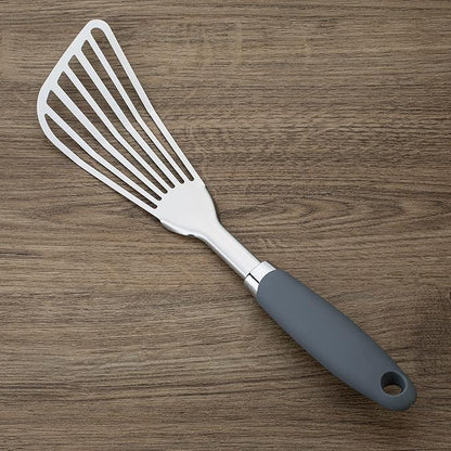 304 Stainless Steel Fish Spatula, Non-Slip Ergonomic Handle Slotted Spatula, Grey
