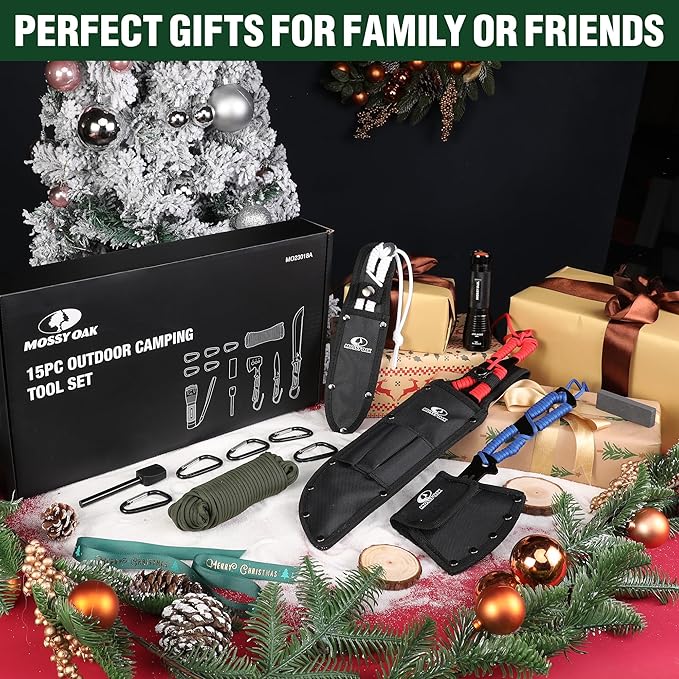 Mossy Oak Hatchet and Machete Knife Set with Sheath, One-Piece Axe & Hunting Knives with Paracord Handle, Zoomable Flashlight, Many Other Tools, Ideal Gift for Men Who Likes Hunting Outdoor Adventure
