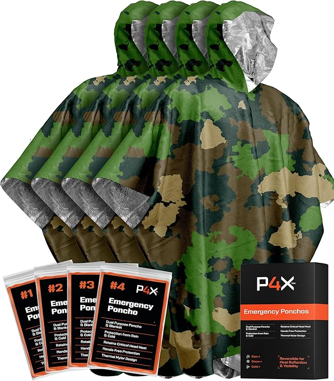 PREPARED4X Emergency Poncho and Mylar Blanket Liner - Waterproof, Wind-Resistant Outdoor Rain Poncho for Camping, Emergencies