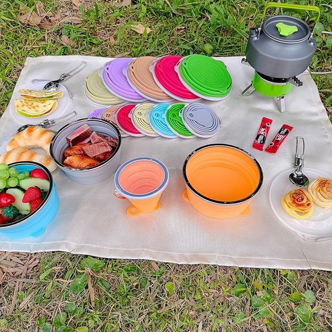 Mess Kit for Camping Silicone Collapsible Bowl Collapsible Cup and Stainless Steel Spoon for Backpacking Outdoor Hiking Traveling and Picnic