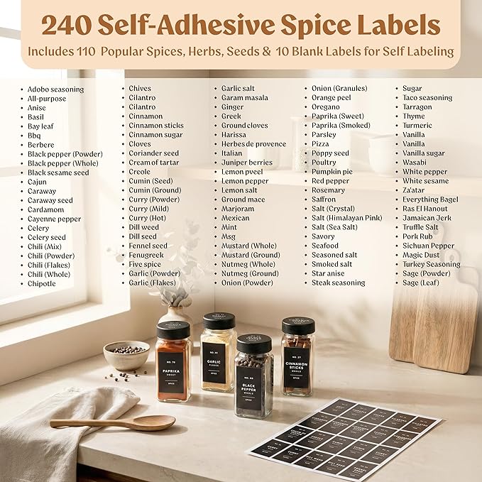 EDELHAUS Glass Spice Jars with Labels Spice Containers with 240 Labels