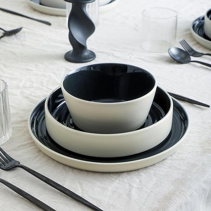 Stone Lain Elica 24-Piece Modern Dinnerware Set Stoneware, Plates and Bowl Sets for 8, Black and Beige