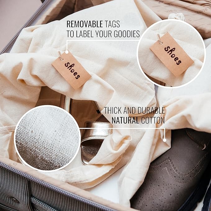 Cotton Storage Bags ??X-Large 14x17 Inch (6-Pack) ??Reusable Muslin Bags with Drawstrings ??Biodegradable Canvas Fabric Sacks ??Perfect for Bread, Bulk Produce, Potatoes, Onions, Shoes