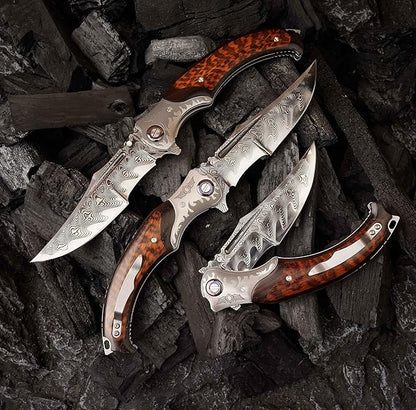 4.6in Damascus steel blade, ebony inlaid with serpentine wood handle with leather pocket folding knife, suitable for camping cutting