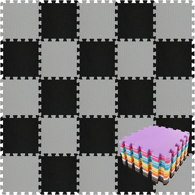 qqpp EVA Rubber 18 Tiles Interlocking Puzzle Foam Floor Mats - Baby Play Mat for Playing | Exercise Mat for Home Workout. Black, Gray. QC-DLb18N