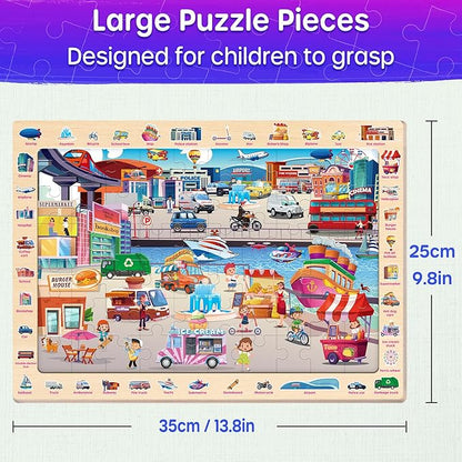 SYNARRY Wooden Puzzles for Kids Ages 4-6, 4 x 60 Piece Match & Find Puzzles for Kids Ages 3-5 Boys Girls, Educational Toys Gifts for 4-8 yo for Learning Jungle Savannah Polar Animals & City Life