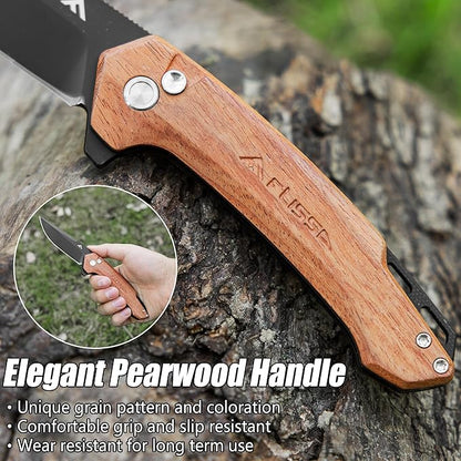 FLISSA Pocket Folding Knife, 3.2??D2 Blade Wood Handle EDC Knife with Button Lock and Pocket Clip for Hiking, Camping, Outdoor Activities