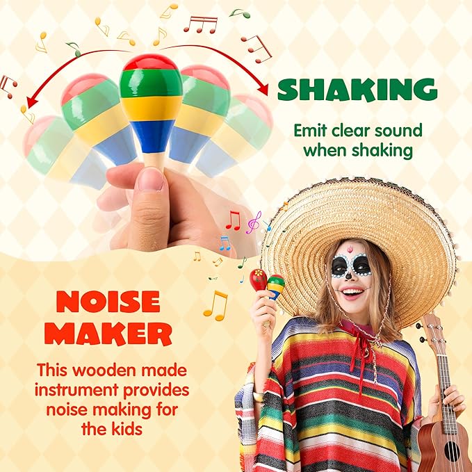 JOYIN 24 PCS Cinco De Mayo Mini Wooden Maracas for Kids, Fiesta Party Favors and Baby Maracas with Wooden Rattle Noisemakers Colorful Maracas Perfect for Cinco De Mayo Party