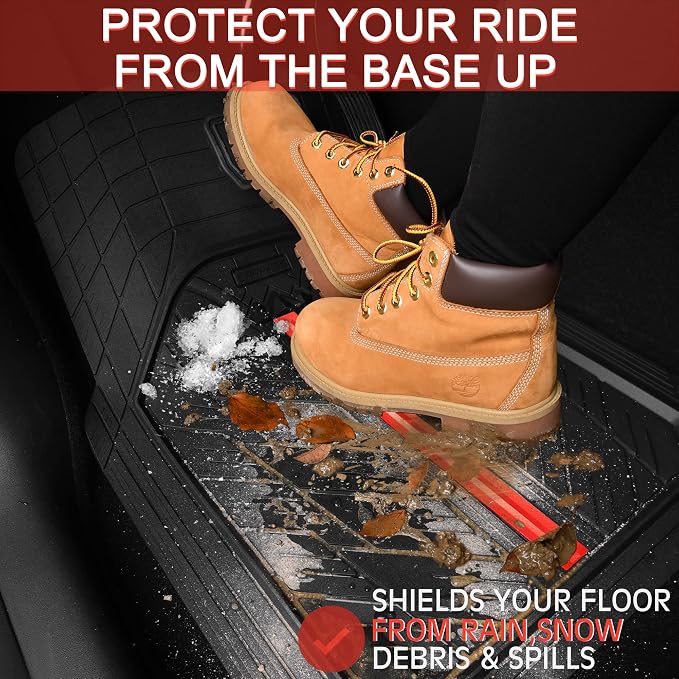 CAR PASS Rubber Floor Mats for Cars, Car Mats Full Sets DeepDish,Universal S~L Size Trim-to Fit Automotive Floor Mat for Truck Van SUV, Heavy Duty Waterproof All-Weather Floor liners Durable Black Red