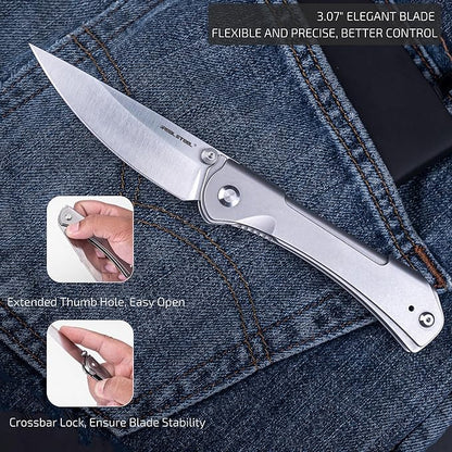 REALSTEEL SYLPH Folding Pocket Knife, Liner Lock, 3.07" Nitro-V Steel Satin Plain Blade, Thumb Stud, Double Bending Steel Handle, 3.35oz, Deep-carry Pocket Clip, EDC Outdoor Indoor, Gifts for Men Women Camping Hiking Climbing (Silver)