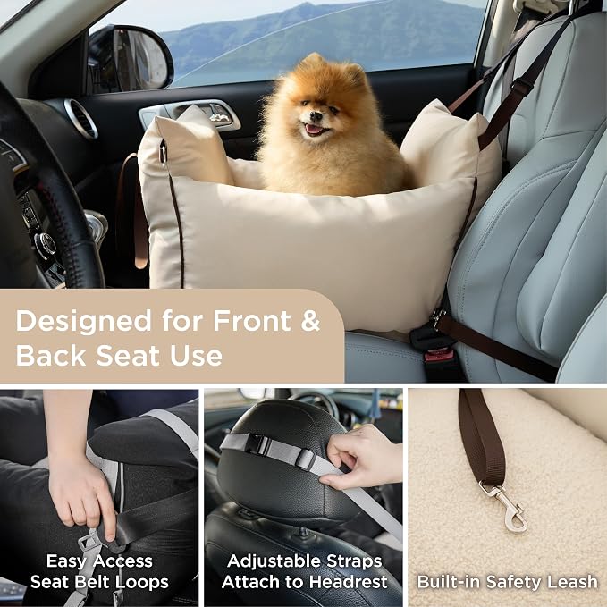 Lesure Small Dog Car Seat for Small Dogs - Dog Booster Seat for Car with Waterproof Bottom, Clip-On Safety Leash and Thickened Memory Foam Filling, Pet Carseat Puppy Travel Carrier Bed, Beige