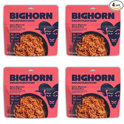 BIGHORN Mountain Food Spicy Mexican Birria and Rice - contains 4 packs | 8 servings | 140g Protein | 1,960 Calories - premium freeze dried meals for backpacking food - dehydrated camping food for backpacking meal - just add water - great taste