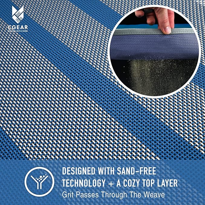 CGEAR RV Comfort Mat – Patented Sand-Free Technology with Ultra Soft Material – Sized to Your RV, Campsite, Beach House – Great Outdoor Patio Rug for RV and Camping (Navy Dynamic Stripe, 8' x 14')