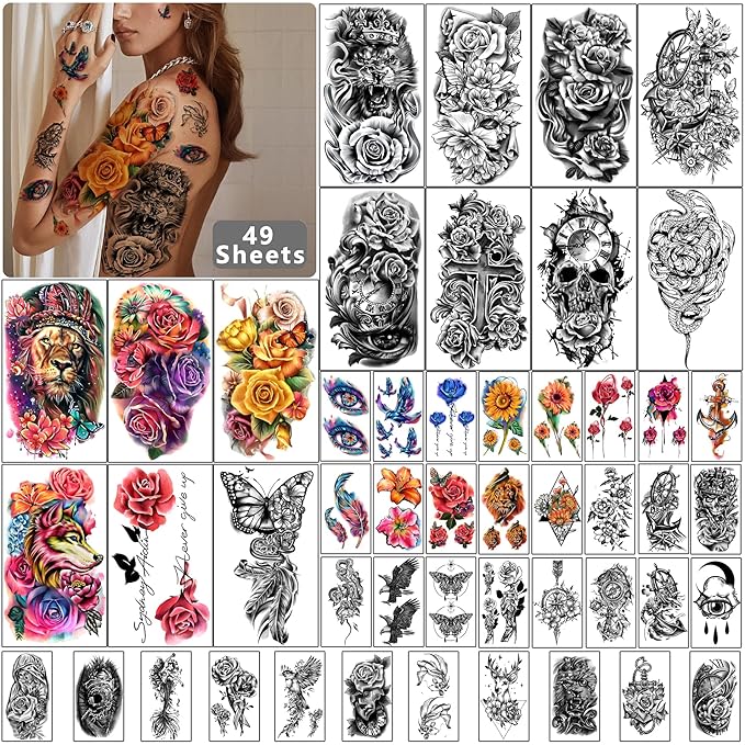 Yazhiji 49 sheets Large Flowers Skull Waterproof Temporary Tattoos for Women and Girls, Realistic Tiger Wolf Bird Temporary Fake Tattoo for Kids or Adults