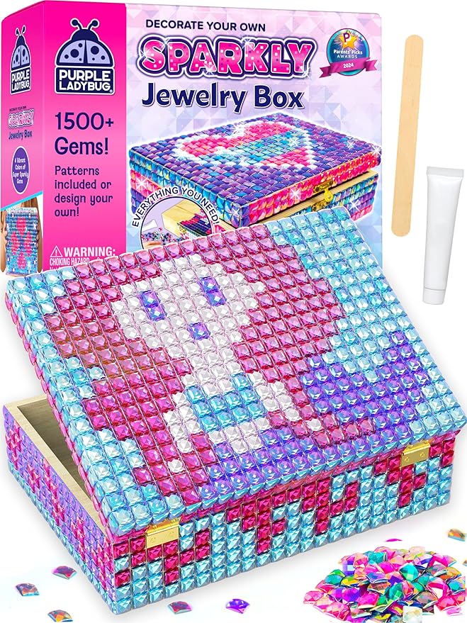 PURPLE LADYBUG Sparkly DIY Wooden Jewelry Box Craft for Girls 8-12 with 1500+ Non-Toxic Gems - Christmas & Birthday Gift for 4 5 6 7 8 9 10 11 12 Girl, Girls Toys 8-10 - Mosaic Mermaid Unicorn Design