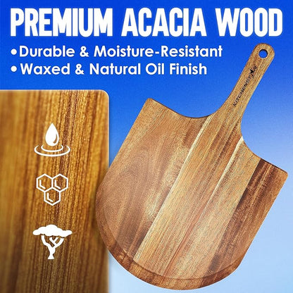 KitchenStar 14-Inch Acacia Wood Pizza Peel – Large Wooden Cutting & Serving Board with Handle – Natural Oil Finish – Ideal Pizza Oven Accessory for Easy Sliding & Prep
