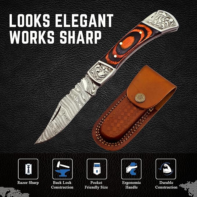 Handmade Damascus Pocket Knife for Men - 7.2 Inches Engraved Steel Damascus Folding Pocket Knife with Belt Holster - Pocket Knives & Folding Knives with Sheath & Back Lock - EDC Knife Pocket.(Orange)