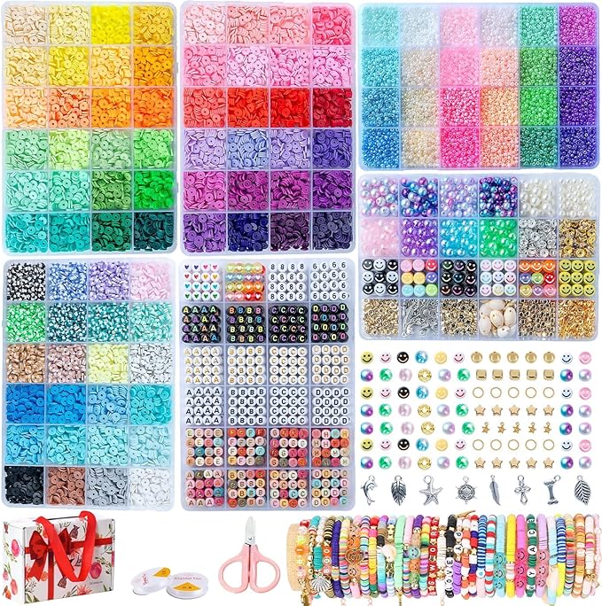 SJZWSD 6-Box Friendship Bracelet Making Kit - 16,000pcs Clay, Seed & Glass Beads Collection, Letter Beads, Charms
