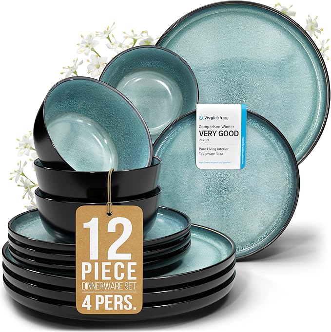 Stoneware dinnerware set 4 persons 12 pcs – Modern style plates and bowls set ceramic – Dishwasher safe and scratch resistant – Bowl and plate set – Dinner service Pure Living black & petrol blue