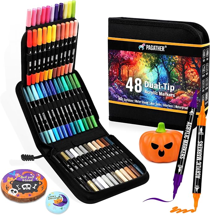 48 Colors Acrylic Paint Markers, Dual Tip with Fine Tip and Brush Tip Pens for Stone, Wood, Calligraphy, Canvas, Ceramic, Metal, Glass, Rock Painting, DIY Crafts Art Supplies Kit