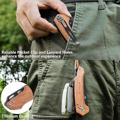 FLISSA Pocket Folding Knife, 3.2??D2 Blade Wood Handle EDC Knife with Button Lock and Pocket Clip for Hiking, Camping, Outdoor Activities
