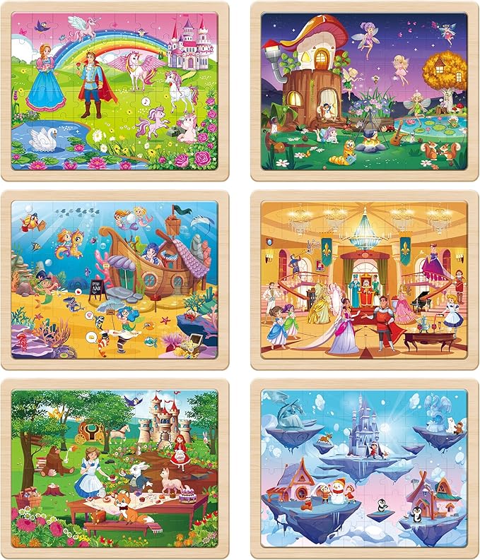 SYNARRY Unicorn Mermaid Princess Fairy Wooden Puzzles for Kids Ages 4-6, 6 Packs 60 PCs Jigsaw Puzzles for Kids Ages 4-8, Preschool Toys Gifts for Toddlers 3-5, Wood Puzzles for 3 4 5 6 Year Old Girls