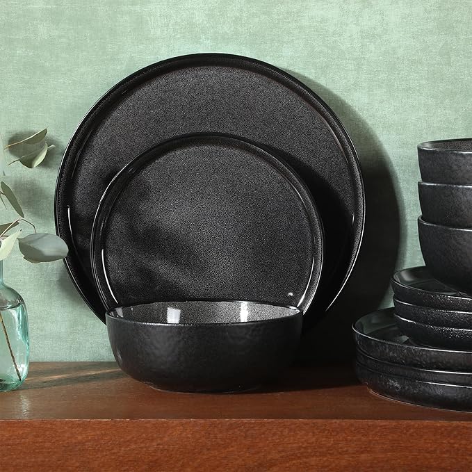 Gibson Elite Tahoe Sunset 12 Piece Stoneware Reactive Glaze (Service for 4) Ceramic Plates and Bowls Dinnerware Set - Black