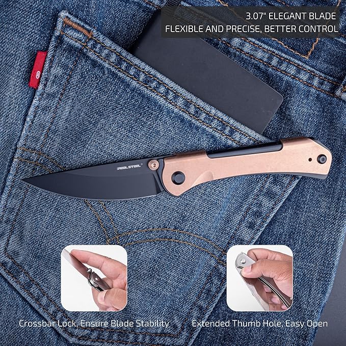 REALSTEEL SYLPH Folding Pocket Knife, Liner Lock, 3.07" Nitro-V Steel Black PVD Blade, Thumb Stud, Double Bending Steel Handle, 3.35oz, Deep-carry Pocket Clip, EDC Outdoor Indoor, Gifts for Men Women Camping Hiking Climbing (Gold Black)