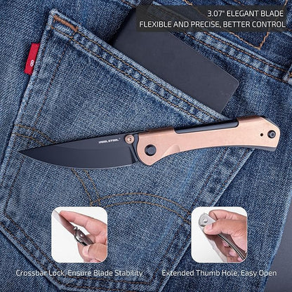 REALSTEEL SYLPH Folding Pocket Knife, Liner Lock, 3.07" Nitro-V Steel Black PVD Blade, Thumb Stud, Double Bending Steel Handle, 3.35oz, Deep-carry Pocket Clip, EDC Outdoor Indoor, Gifts for Men Women Camping Hiking Climbing (Gold Black)