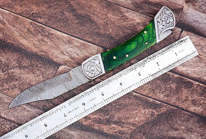 9" long Folding Knife, Bull Horn Scale with Engraved steel bolster, custom made 4" Hand Forged Damascus steel blade Cow hide leather sheath with belt loop (Bull Horn) (Parrot green)