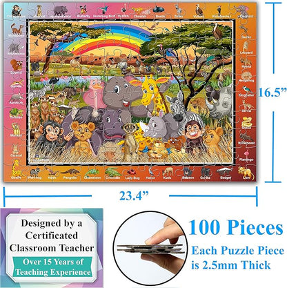 Think2Master Zoo Animals of The Savanna Jungle Safari 100 Pieces Jigsaw Puzzle. Fun Educational Toy for Kids, School & Families. Great Gift for Boys & Girls Ages 5-8 4-6 6-8 8-10 23.4” X 16.5”